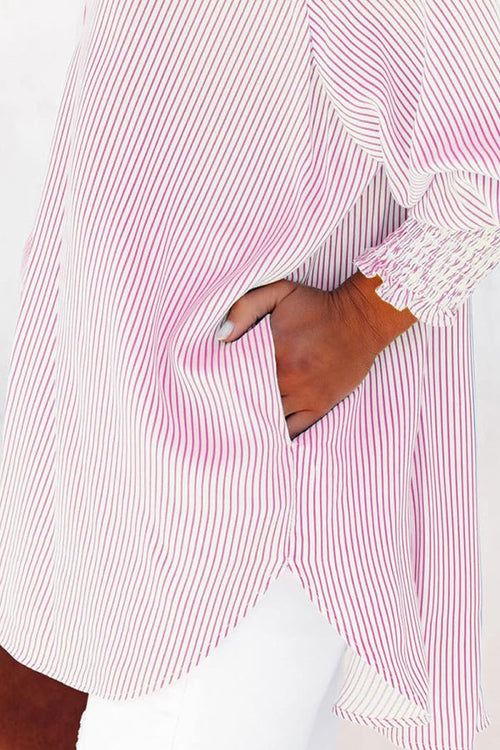 Oversized Breezy Striped Shirt Smocked Sleeves