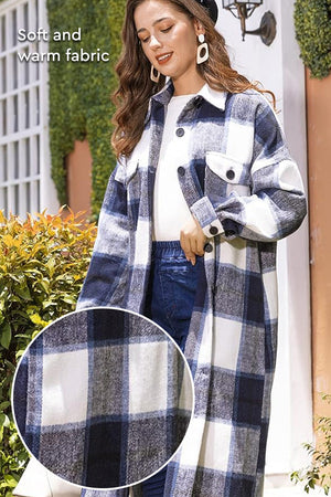 Oversized Medium-Length Blue Plaid Overshirt